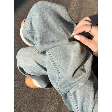 高腰闊腿牛仔褲女秋冬淺色新款寬松加厚窄版顯瘦小個子加絨直筒褲