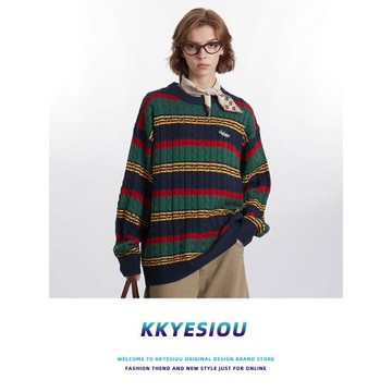 KKyesiou美式復古學院風紋套頭針織衫男女日系慵懶中性情侶款毛衣