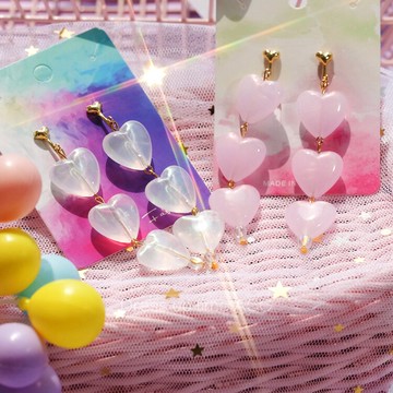 日系風可愛少女心小物KASTAN風人魚色三個愛心耳環耳夾耳1入
