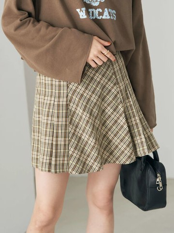格紋/素面百褶迷你短裙(1L23L0L0700) - earth music&ecology