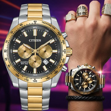 CITIZEN 星辰 Chronograph 運動計時 時尚腕錶 男錶 手錶-44mm黑x金色 AN8234-58E