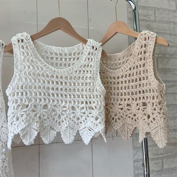小眾設計感鏤空外穿短款針織鉤花罩衫小背心夏季辣妹無袖上衣女裝