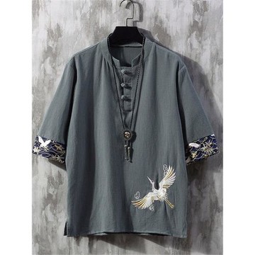 亞麻短袖t恤男刺繡夏季薄款寬松大碼唐裝衣服中國風男裝棉麻體恤