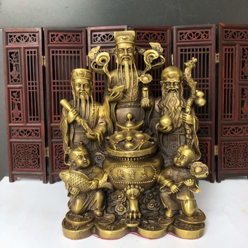 純銅福祿壽三星聚寶盆擺件財神爺招財納福家用辦公室擺件開業禮品