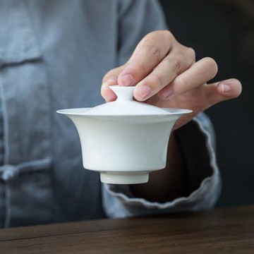 (免運)潤瑞景德鎮純手工薄胎小蓋碗茶杯白瓷馬蹄蓋碗單個防燙陶瓷泡茶碗