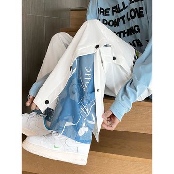 排扣褲子男款夏季直筒寬松闊腿休閑長褲夏天白色假兩件拼接男褲潮