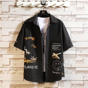 男裝好物 春秋印花長袖襯衫男寬松大碼休閑襯衣外套胖子韓版潮流