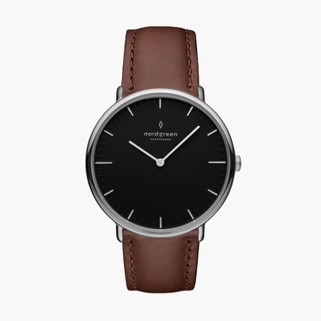 Nordgreen Native本真 月光銀系列深棕真皮腕錶36mm(NR36SILEDBBL)