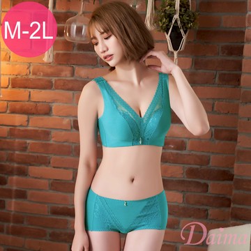 【黛瑪Daima】無鋼圈 加大尺碼 蕾絲 速乾 除臭 調整型 成套內衣 M-XXL 湖綠 2721