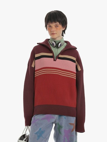 Unvesno (UN) 運動復古條紋撞色翻領拉鏈針織毛衣加厚 SWS-1619