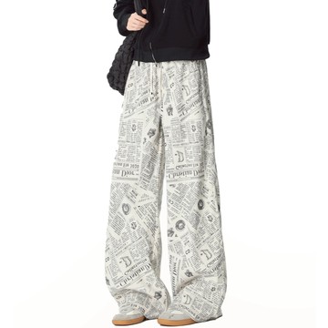 高質感 日系雜誌印花設計 加絨 滿版彎刀長褲 街頭VIBE休閒褲三色 M~5XL 燈芯絨闊腿褲 高cp值