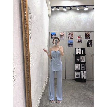 現貨 韓系女神范🍩側抽繩吊帶上衣+喇叭褲 set 可拆式罩杯 彈力面料 下圍鬆緊 韓系套裝 吊帶兩件套 懶人套裝