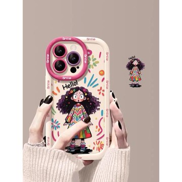 適用iPhone17promax手機殼16pm彩繪14創意16pro個性13涂鴉卷發女孩15promax時尚蘋果16卡通11高級感硅膠防摔x