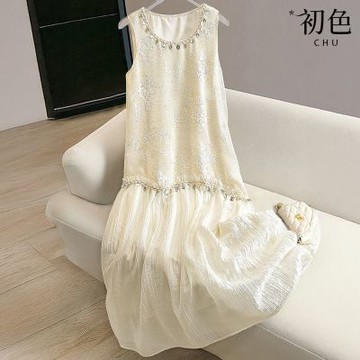 初色 波希米亞渡假風圓領無袖拼接亮片背心裙中長裙連衣裙連身洋裝長裙-杏色-13849(M-2XL可選)