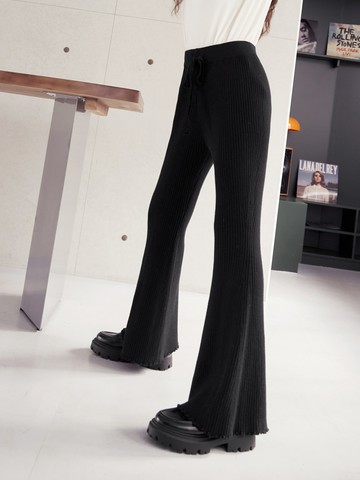 彈性坑條針織木耳邊褲管喇叭褲