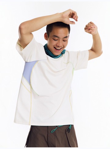 中性風格 不對稱車線拼色設計 涼感防曬短袖Tee 情侶裝T恤