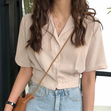 韓版chic短版襯衫 純色雪紡短袖襯衫女 高腰顯瘦V領襯衫 單排扣西裝領短袖襯衣 修身露臍短袖上衣 休閑襯衣 開衫襯衣