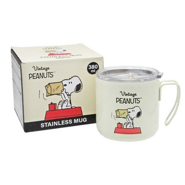 小禮堂 史努比 不鏽鋼馬克杯附蓋 380ml (米紙袋款)