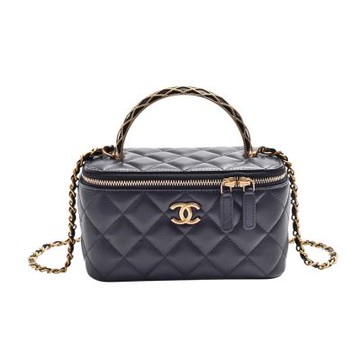 CHANEL 經典雙C LOGO菱格紋羊皮復古金屬手柄長化妝盒/斜背包(黑色)