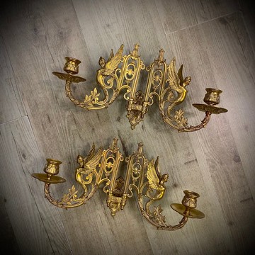 19世紀法國 帝政風格 鎏金勝利女神 雙燭壁掛燭台一對