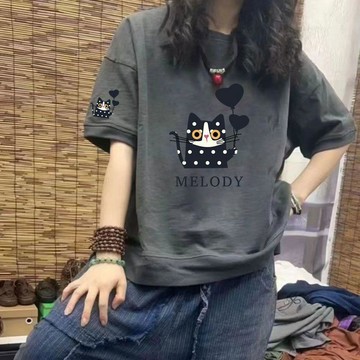 【台灣现貨】夏天純棉上衣 大尺碼短袖 圓領純棉短袖 夏日T恤女 韓系短袖T恤 卡通印花短袖 美式上衣 寬鬆短袖 潮牌T恤