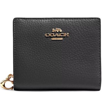 【COACH】金標 荔枝皮革鈕扣零錢袋短夾 優雅黑