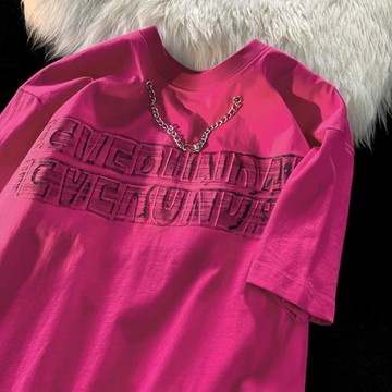 火龍果色歐美潮牌t恤重磅帶項鏈的短袖男設計感小眾夏美式七分袖