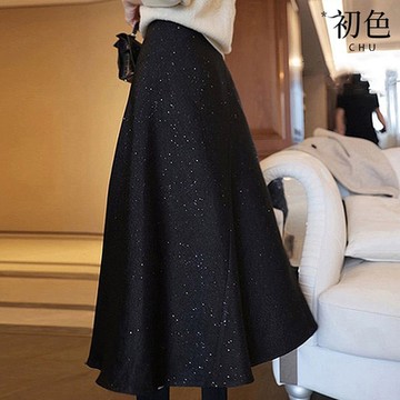 初色 高腰赫本風A字半身裙大擺中長裙-黑色-31024(M-2XL可選)