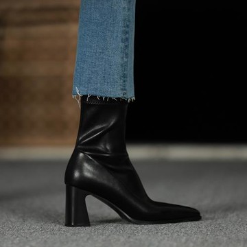 網紅秋季方頭粗跟韓版百搭短靴