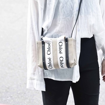 CHLOE Woody Mini系列經典LOGO織布帆布迷你款兩用托特包(藍黑邊)