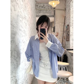 【砂糖夢境】藍白條紋蝴蝶結刺繡撞色襯衫女2026新款小衆設計高級感寬鬆襯衣