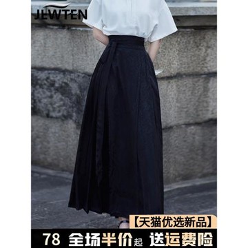 新中式國風黑色馬面裙套裝半身裙女2025新款夏季小個子百褶中長裙