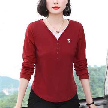 【巴黎精品】現貨+預購高級寬鬆上衣長袖罩衫T恤簡約大碼休閒大尺碼女裝百搭媽媽裝-V領修身P刺繡2色a1lq33
