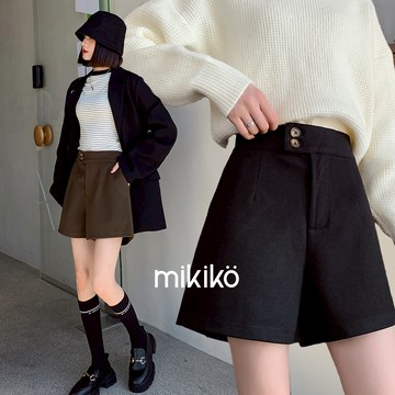 美木子｜西裝短褲｜毛呢高腰雙扣後鬆緊西裝短褲 2色 M-2XL【B10126】美拉德 磨毛褲  A字闊腿褲 麂皮感 靴褲