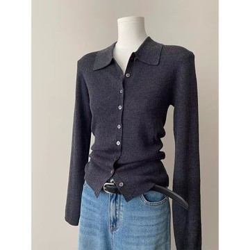 早秋灰色Polo領針織開衫女冬季高級感內搭打底衫修身顯瘦軟糯上衣