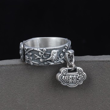 純銀戒指女99足銀喜上眉梢如意鎖流蘇指環女開口喜戒指男喜鎖復古