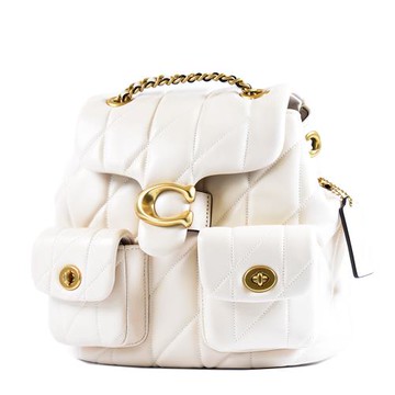 COACH 專櫃款 TABBY 絎縫菱格紋翻蓋束口斜背/後背二用包-白色