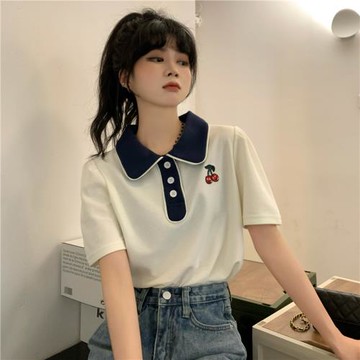 寬松學院風POLO衫上衣櫻桃刺繡