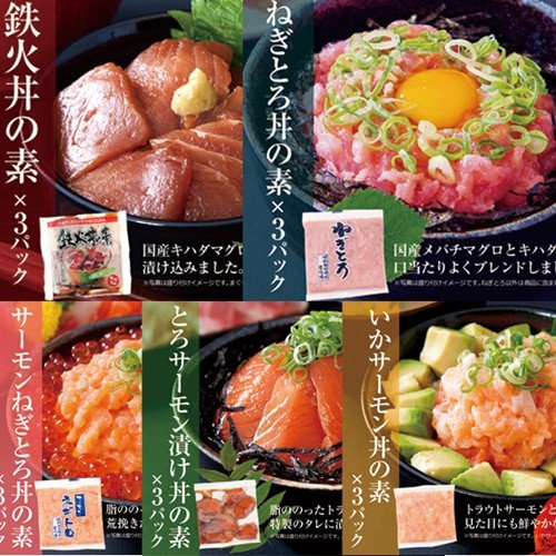 マグロ丼 ネギトロ丼 サーモン丼 海鮮丼詰合せ計15食（マグロ漬け・ネギトロ・サーモンネギトロ・トロサーモン・イカサーモン） 送料無料