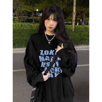 100%純棉美式復古高街字母圓領衛衣女秋冬加絨設計感小眾寬松上衣