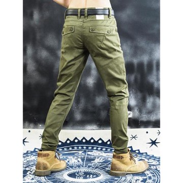 YEZOE彈力男士休閑褲新款軍綠色潮牌修身小直筒工裝褲子男款秋冬