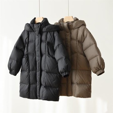 90白鴨絨 兒童連帽羽絨服 男女童中長款外套 中大童冬款
