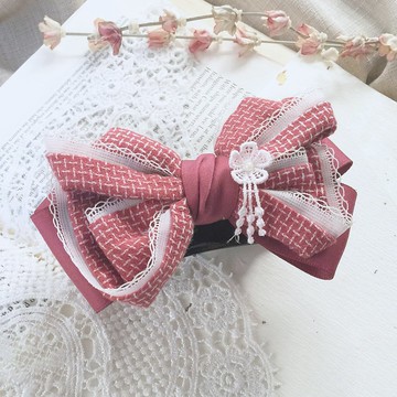 珊瑚紅 /典雅英式淑女蕾絲邊蝴蝶結髮圈 髮束 馬尾夾 彈簧夾 髮叉