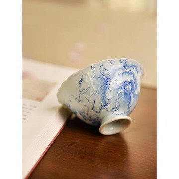 青樵軒春季新品偷閑高足杯雕刻文字純手繪油畫牡丹新中式女士杯子