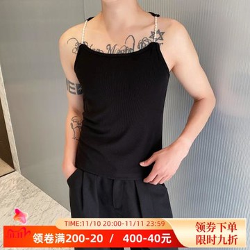 夏季個性珍珠肩帶設計短背心男女內搭上衣設計感彈力緊身針織小眾