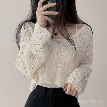 免運 台灣出貨 夏季新款慵懶風針織開衫外套女薄款鏤空罩衫毛衣防曬短款披肩上衣限時下殺 3112