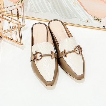 小方頭拼色羊皮穆勒鞋-高雅灰