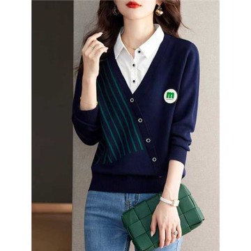 春秋2025新款女寬松氣質假兩件毛衣洋氣減齡襯衫領針織打底衫上衣