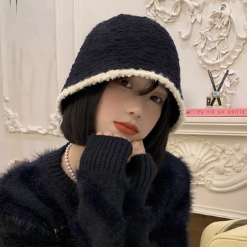 MAGIC KIWI/韓版毛絨絨針織帽女秋冬款時尚百搭水桶帽日系甜美撞色邊休閒盆帽