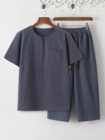 男士中國風短袖棉麻套裝 夏季新款中年男亞麻短袖寬松爸爸夏裝中老年人套裝爺爺休閑七分褲